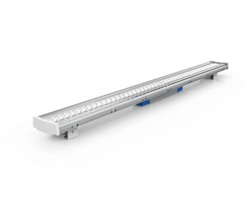 Super thin LED linear high bay, ideal lighting solution for warehouse shelving area.